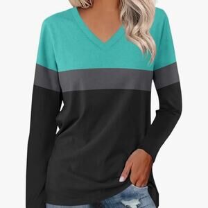 Minetom Women's V Neck Long Sleeve T Shirt Casual Color Block Size L (C174)